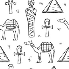 Egyptian seamless pattern with pyramid, camel and mummy