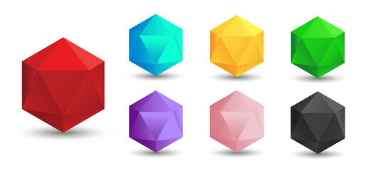 Set of vector icosahedrons with a gradient for game, icon, packagingdesign, logo, mobile, ui, web. Platonic solid. Minimalist style.