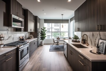 clutter-free kitchen with sleek countertops, stainless steel appliances, and natural light, created with generative ai