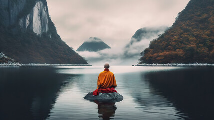 Monk meditating in yoga lotus position on the lake with foggy mountains background. Generative AI.