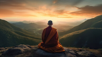 Buddhist monk sitting on the top of mountain and looking at sunrise. Generative AI. - obrazy, fototapety, plakaty