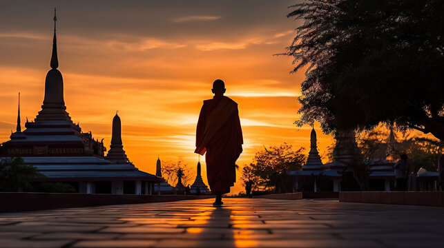 Silhouette of monk walking at Wat Phra Kaew at sunset, Bangkok, Thailand. Generative AI.