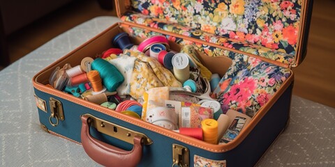 An open suitcase filled with colorful fabric, buttons, and sewing supplies for a diy project, concept of Crafting, created with Generative AI technology