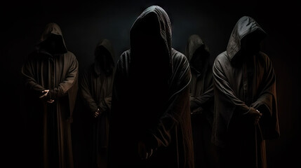 Group of unknown people in black hooded clothes with hood on dark background. Generative AI. - obrazy, fototapety, plakaty