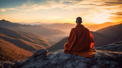 Buddhist monk sitting on top of mountain and looking at sunrise. Generative AI.
