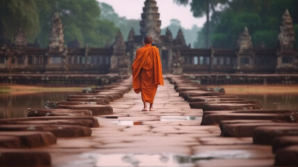Buddhist monk walking in front of Angkor Wat, Cambodia. Generative AI. - obrazy, fototapety, plakaty