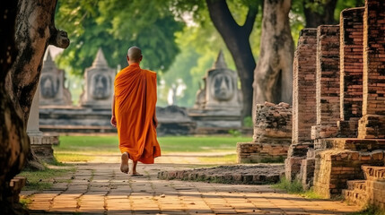 Buddhist monk walking in Ayutthaya, Thailand. Generative AI.