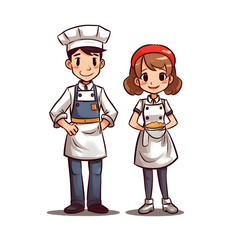 Chef man and woman cartoon hand draw, clipart vector illustration