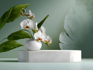 Rock slice podium and white orchid flowers generative AI. Cosmetic product backdrop with white orchid and nature. Abstract empty white podium cube with eucalyptus leave