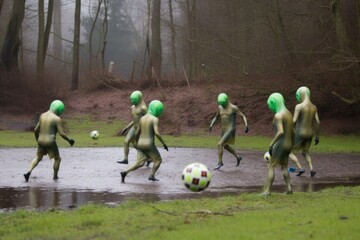 Obraz na płótnie Canvas a group of aliens playing a game of football in their natural environment, created with generative ai