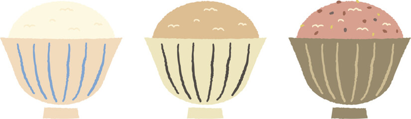 シンプルなご飯茶碗の手描き風ベクターイラストセット（白米、玄米、雑穀米）