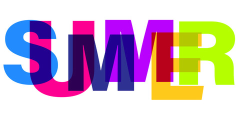 The word SUMMER written with colorful letters on a white background.