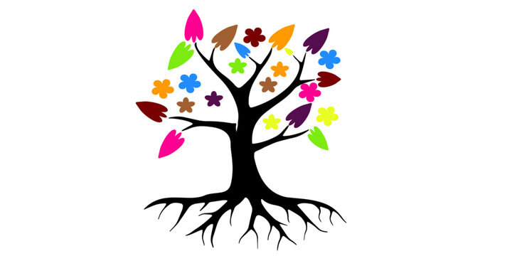 Abstract tree with colorful flowers and leaves isolated on white background. Vector illustration.