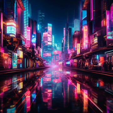 city at night, neon lights, futuristic &ndash; made with generative AI 