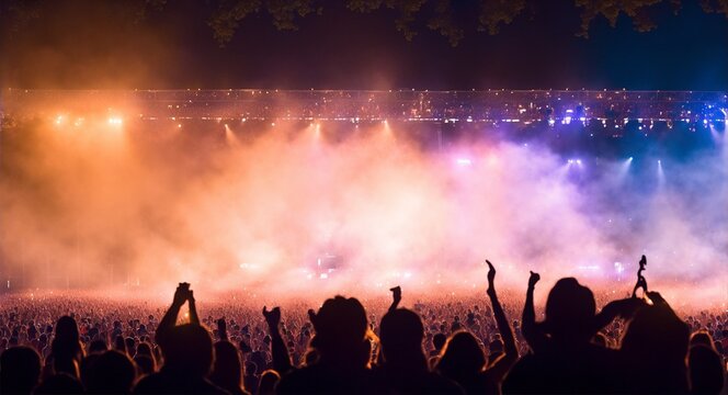 Silhouetted crowd watching illuminated stage at music festival, generative ai