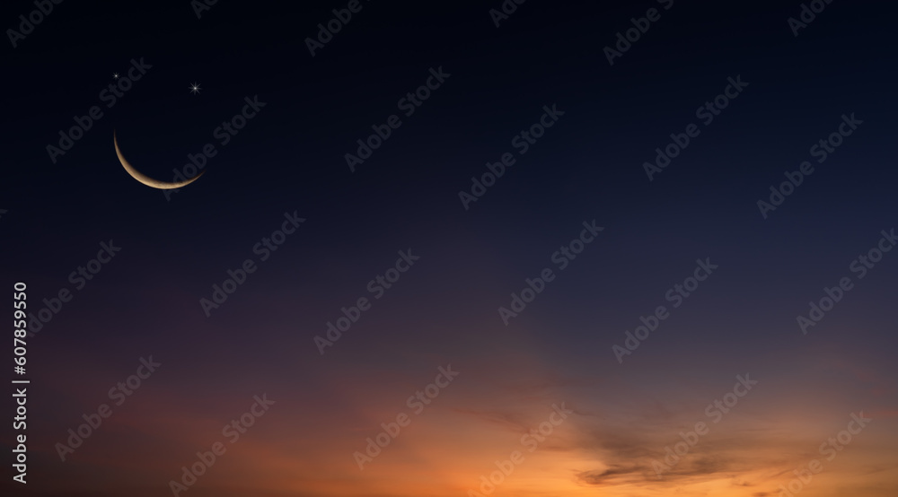 Wall mural crescent moon on dusk sky twilight in the evening after day, religion of islamic and free space for 