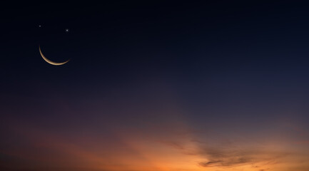 Crescent moon on dusk sky twilight in the evening after day, Religion of Islamic and free space for...