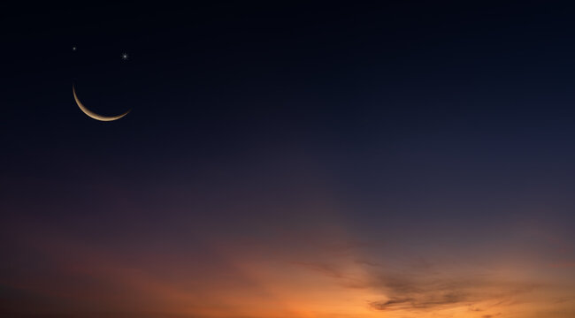 Crescent moon on dusk sky twilight in the evening after day, Religion of Islamic and free space for text Arabic Eid Al Adha, Muharram 