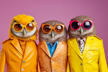 Fashionable portrait of anthropomorphic cute owls dressed in vibrant suits and looking like superstars. Generative AI.