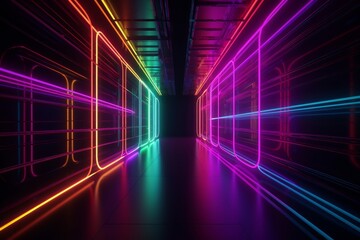 Fototapeta premium Glowing lines neon lights abstract psychedelic background. 3d render, Generative ai