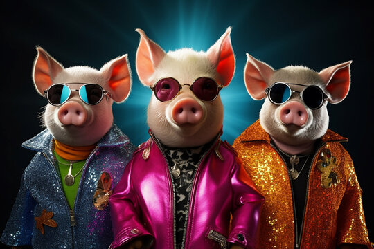 Stylish animal rock band, fashionable portrait of anthropomorphic superstar pigs with sunglasses and vibrant suits, group photo, glam rock style. Generative AI.