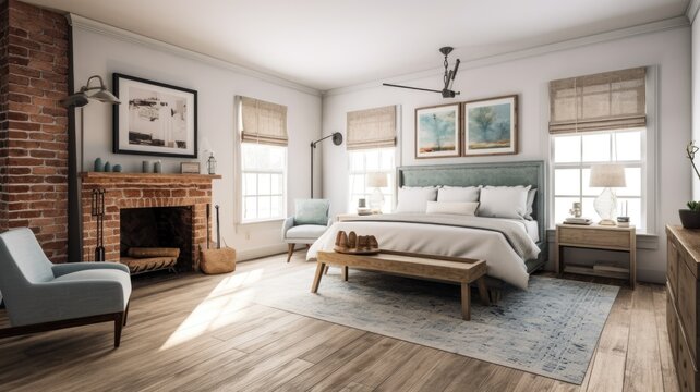 Bedroom decor, home interior design . Modern Farmhouse Coastal style with Fireplace decorated with Wood and Brick material . Generative AI AIG26.