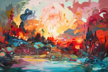 Obraz na płótnie Canvas abstract landscape, with personified elements of nature and the elements, such as fire and water, created with generative ai
