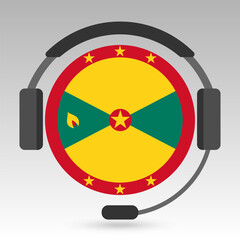 Grenada flag with headphones, support sign. Vector illustration.