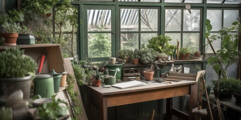 Fototapeta na wymiar Green House Desk with Garden Tools - AI Generated