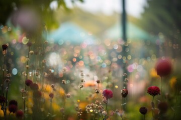 bokeh garden, with blurred trees and flowers in the foreground, created with generative ai