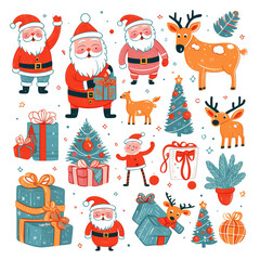 Fototapeta premium A collection set about Christmas, a variety of stickers, about Christmas, reflecting the growing happiness, the fun of children, the reunion of the family