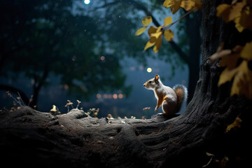 Squirrel sitting on top of a tree branch at night. Amazing Wildlife. Generative Ai