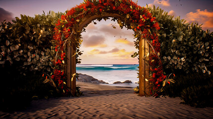 Floral arch gate on tropical beach at sunset