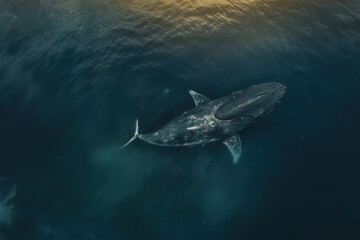Obraz na płótnie Canvas Aerial view of a humpback whale swimming through the open ocean. Amazing Wildlife. Generative Ai