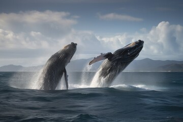 Fototapeta premium a pair of humpback whales breaching in tandem, created with generative ai