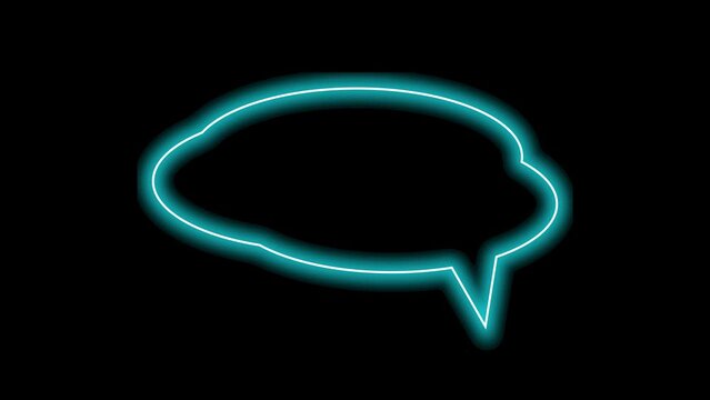 Neon blue speech bubble on black background. Glowing blank chat bubble.