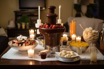 a formal dinner party with a chocolate fountain, fondue pots, and delicious desserts for guests to indulge in, created with generative ai