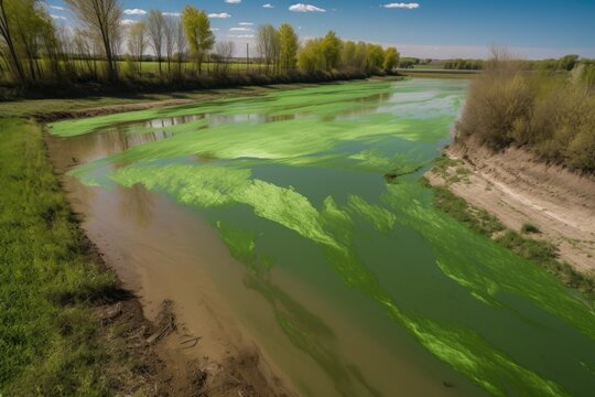 fertilizer runoff from agricultural field, with algae blooms and dead zone in the downstream waters, created with generative ai