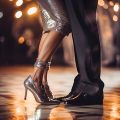 A woman's legs in high heels and a man's legs in suit pants. The couple dances on the hardwood floor in a dance hall, AI generative content. - obrazy, fototapety, plakaty