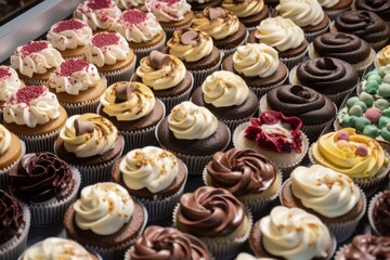 display of various cupcakes, each with different topping or filling, created with generative ai