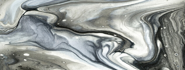 Abstract fluid art background black and cool gray colors. Liquid marble. Acrylic painting on canvas...