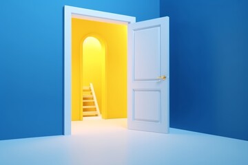 3d render yellow light inside the open door isolated on blue background, Generative Ai
