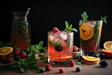 refreshing summer cocktail with herbs and fruit, created with generative ai