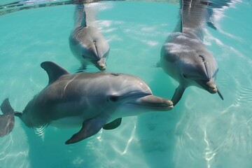 group of dolphins swimming in crystal-clear water, created with generative ai