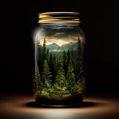 Pine tree forest and mountains preserved and protected inside a mason jar by generative AI