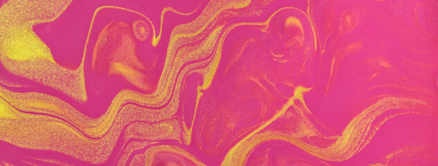 Abstract fluid art background bright purple and golden colors. Liquid marble. Acrylic painting with magenta gradient.