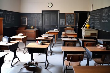 empty classroom, with vintage desks and chalkboards for a classic look, created with generative ai