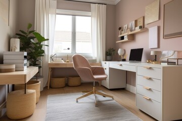 well-organized home office with file cabinet, desk, and lounge chair, created with generative ai