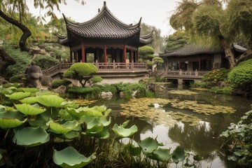 peaceful china pagoda garden with lotus flowers and babbling brook, created with generative ai