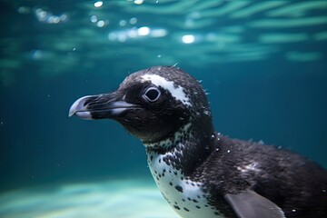 baby penguin, taken underwater, swimming among its family, created with generative ai